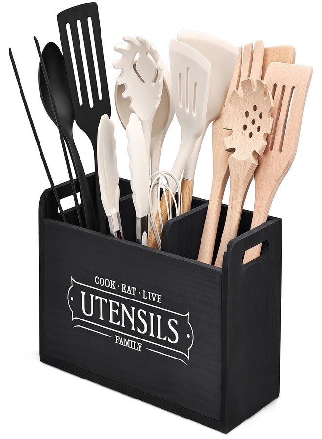 Ella & Emma Kitchen Utensil Holder with 3 Compartments, Rustic Wooden Storage Organizer Box Vintage Cutlery Farmhouse Flatware Utensil Caddy Countertop for Silverware Fork Spoon Spatula - Image 1